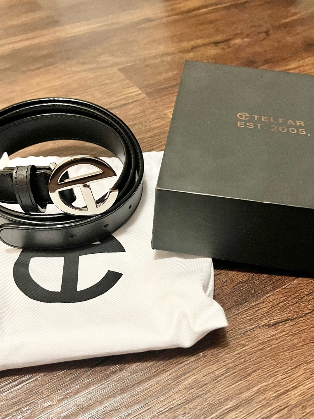 Telfar Black Leather Belt with Silver T Logo Buckle
